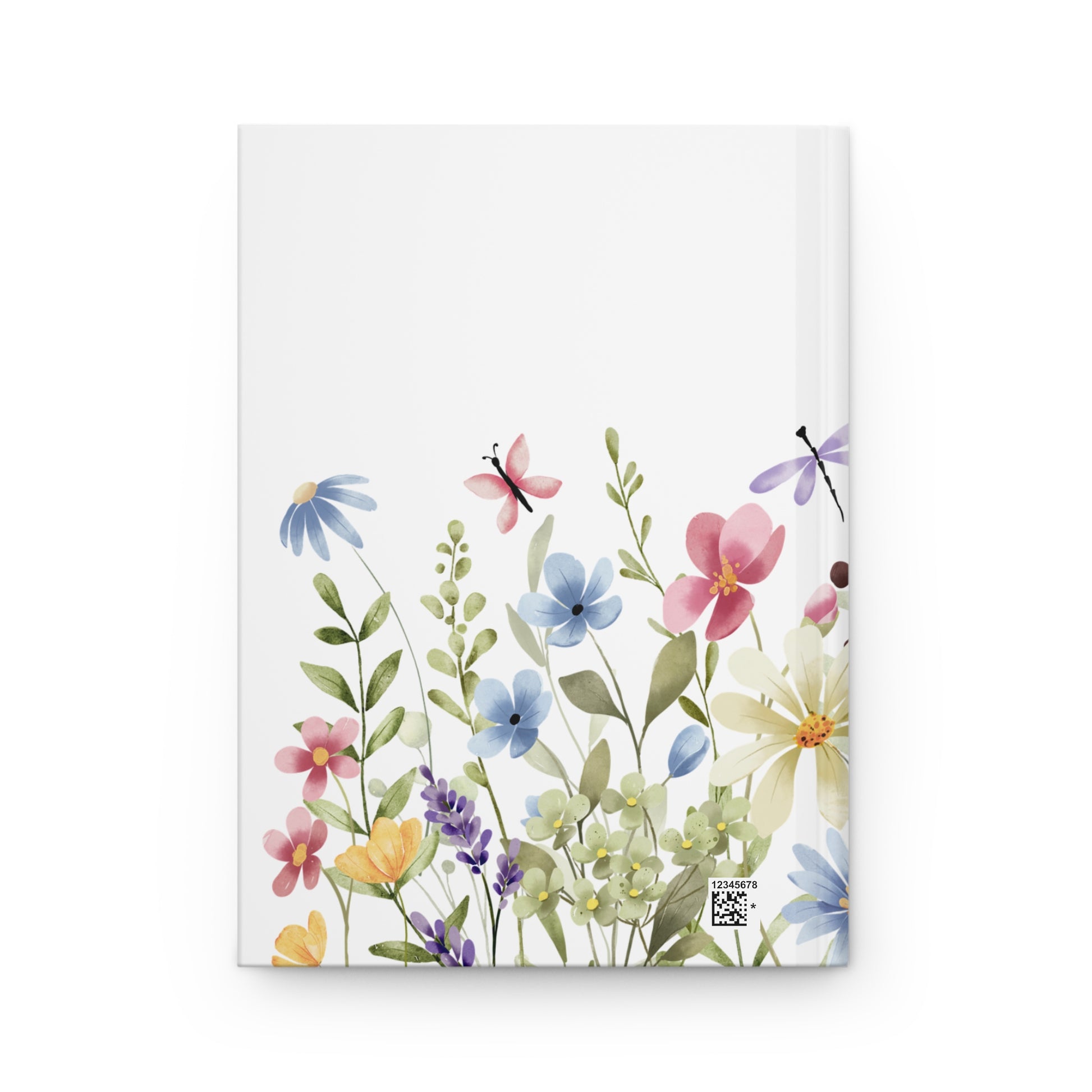 Back cover of journal with colorful floral design on a white background