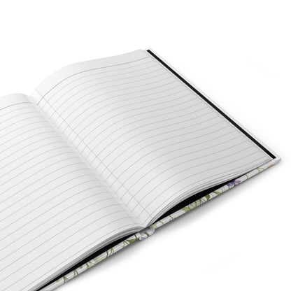 Open journal with lined pages on a white background