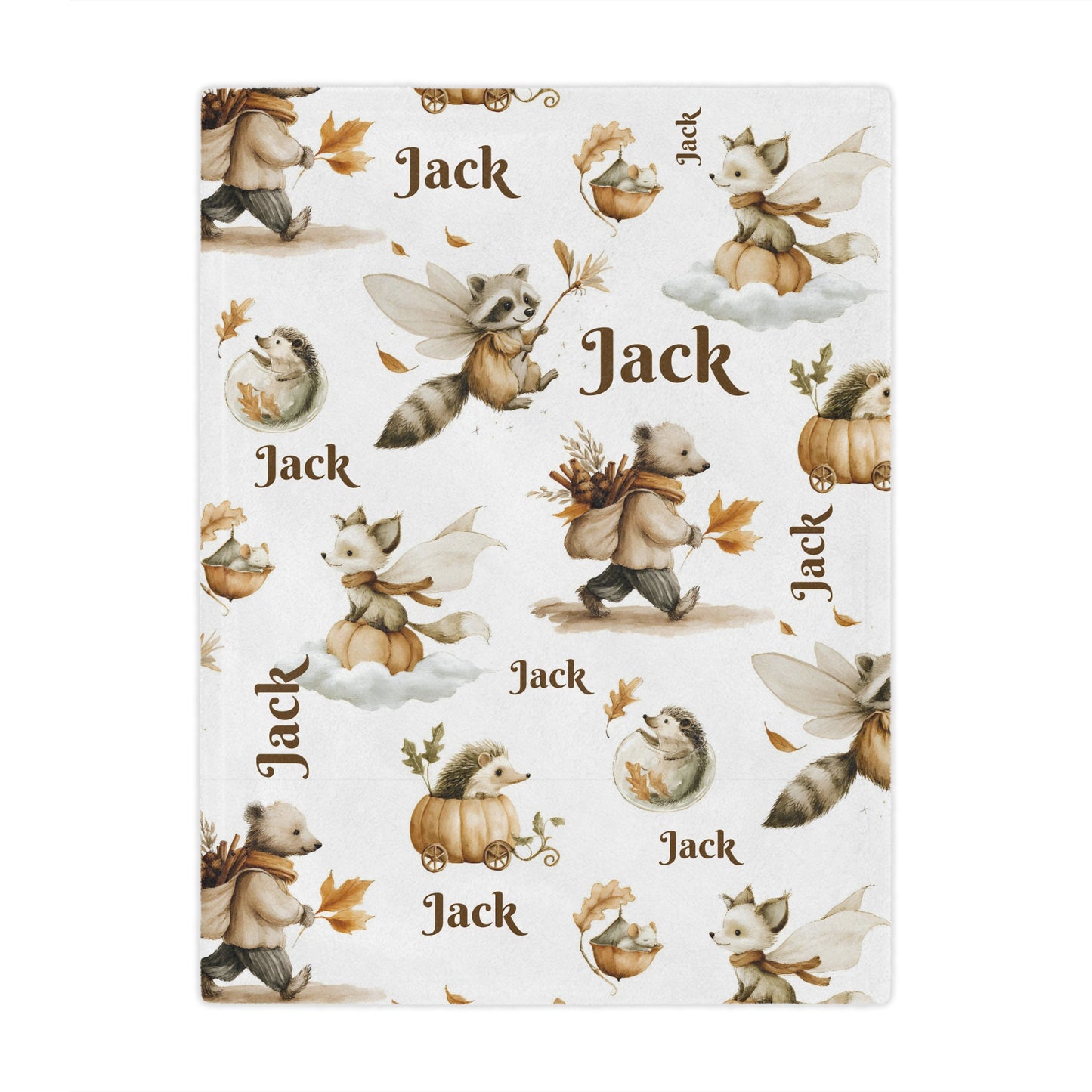 Personalized Woodland Animal Minky Nursery Blanket with 'Jack' name pattern draped over a bed in a bedroom setting