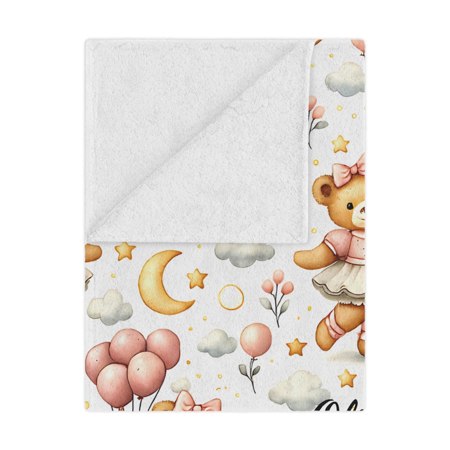 Personalized whimsical pink teddy bear ballerina pattern, featuring balloons, moons, stars, and clouds in soft pastel tones.