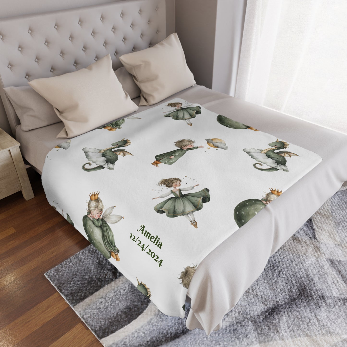 Personalized whimsical children's fairytale Minky blanket featuring fairy designs and personalized text.