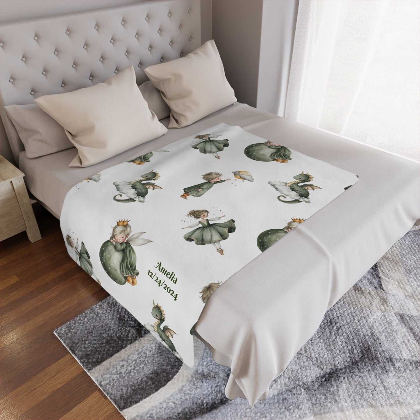 Personalized whimsical children's fairytale Minky blanket featuring fairy designs and personalized text.