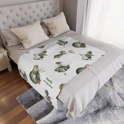 Personalized whimsical children's fairytale Minky blanket featuring fairy designs and personalized text.