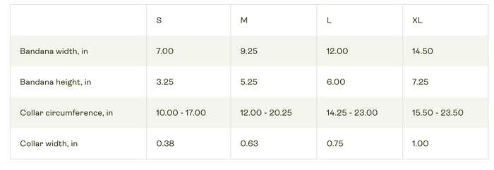 Pet Bandana Collar Size Chart