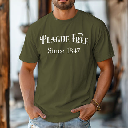 Person wearing a Hemp T-shirt with a humorous Renaissance Faire design that reads “Plague Free Since 1347” in medieval-style lettering, celebrating fair and festival fun with a nod to history. A playful shirt perfect for history buffs, medieval enthusiasts, and anyone attending a Renaissance fair or themed event.