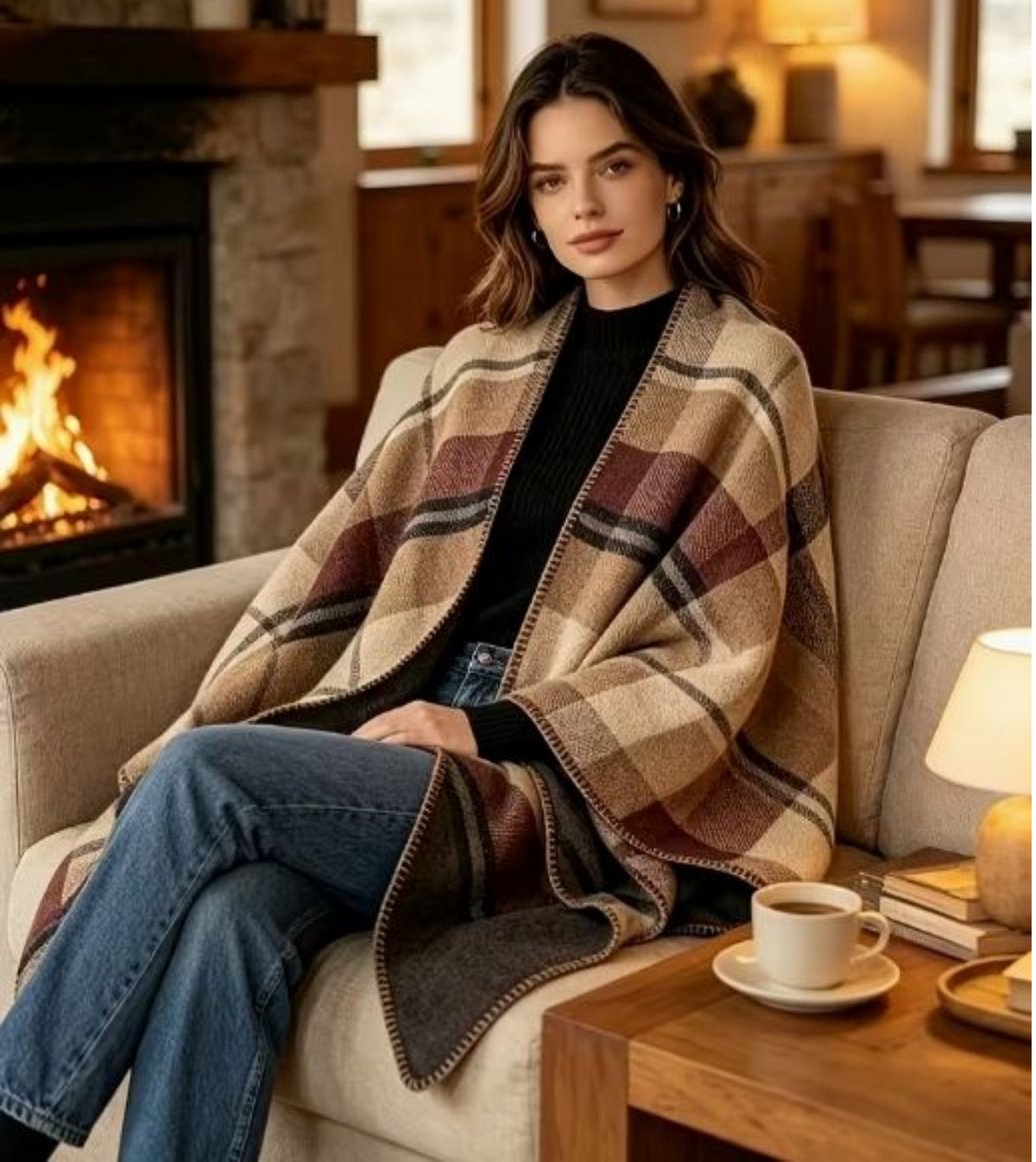 Cozy Plaid Boho Shawl, Neutral Check Cape Wrap