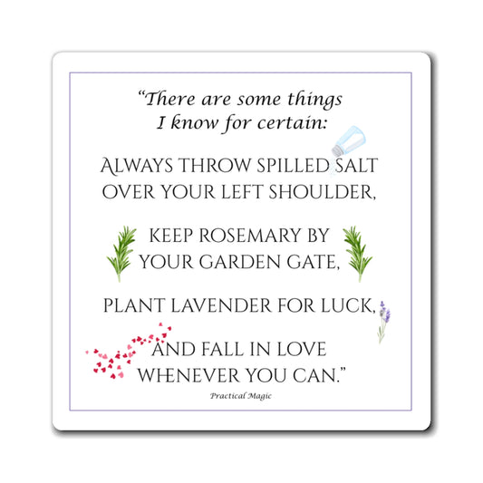 Magnet with practical magic quote and herbs on a white background
