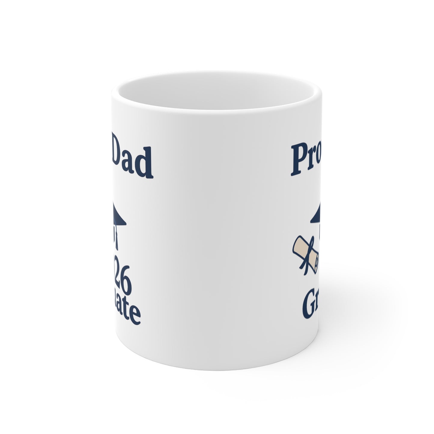 White mug with blue text and icons on a white background