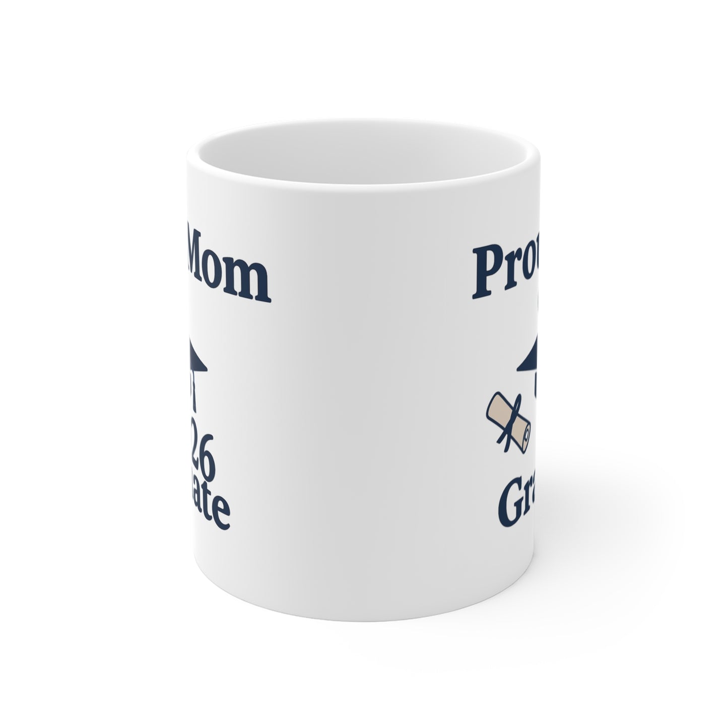 White mug with printed text and symbols on a white background