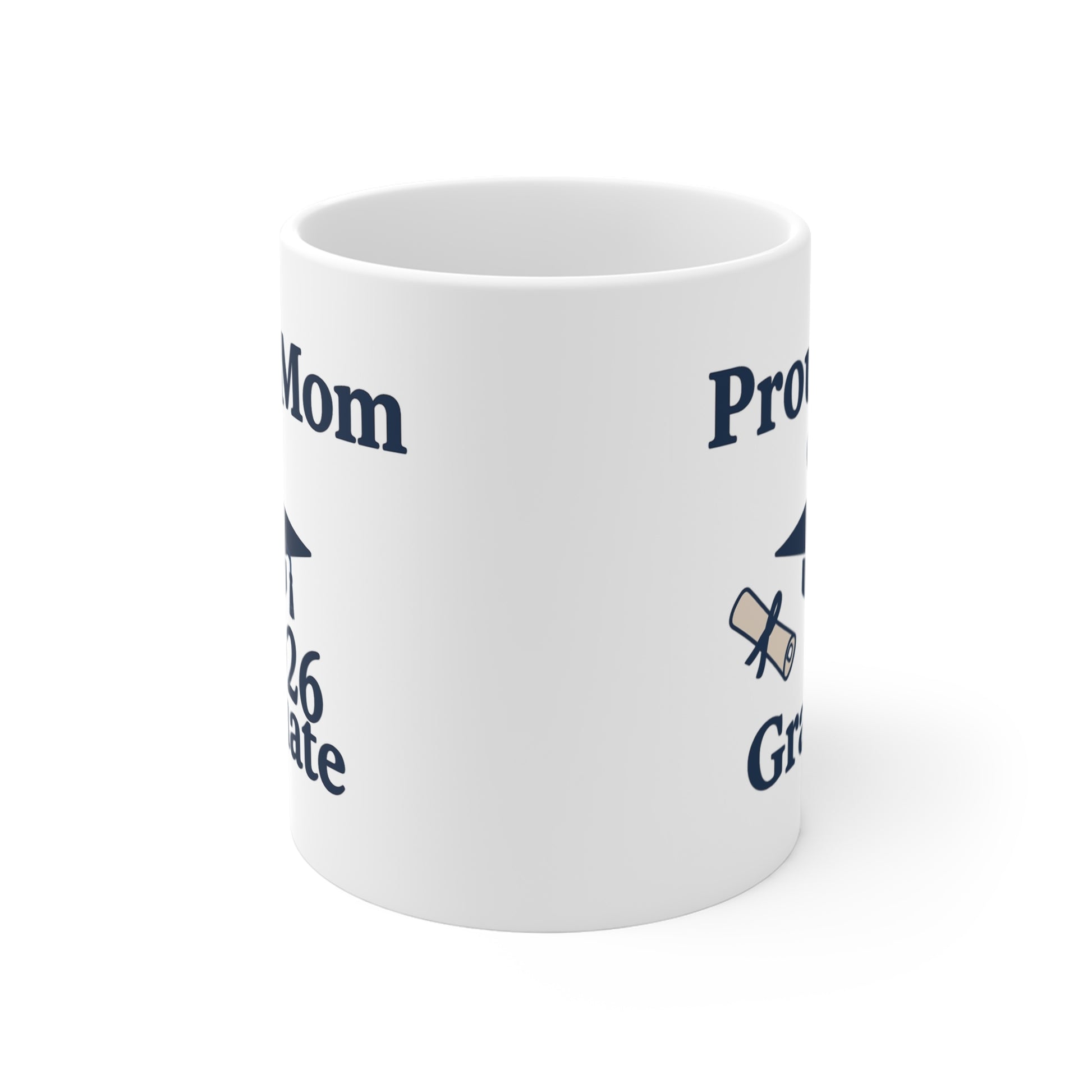 White mug with printed text and symbols on a white background