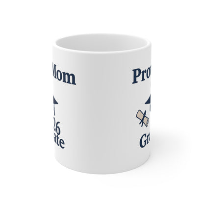 White mug with printed text and symbols on a white background