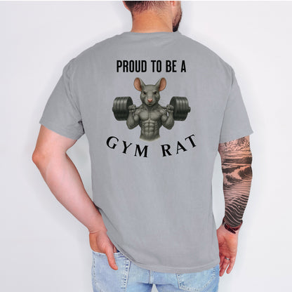 Person wearing a grey T-shirt featuring a bold back design with the phrase “Proud to Be a Gym Rat” above and below a muscular cartoon rat holding heavy dumbbells. The strong, flexing rat graphic symbolizes dedication to fitness and weightlifting, making this shirt perfect for gym lovers, bodybuilders, and strength training enthusiasts.