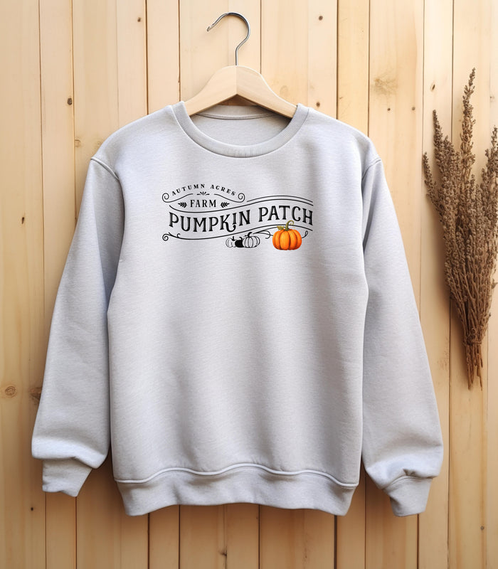 Ash Gildan sweatshirt featuring a vintage-inspired black “Autumn Acres Farm Pumpkin Patch” design with decorative swirls and white, black and orange pumpkins—on the side. A cozy, rustic fall look perfect for pumpkin picking, hayrides, and seasonal outings.