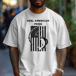 Reel American Pride T-shirt featuring a bold fishing-themed design with the phrase 'Reel American Pride' above an American flag graphic. A large fish is hooked on a fishing line overlaying the flag’s stripes. Printed on a classic white unisex tee, this patriotic fishing shirt is perfect for anglers who love both their country and the sport. Ideal for summer outings, fishing trips, or casual everyday wear.