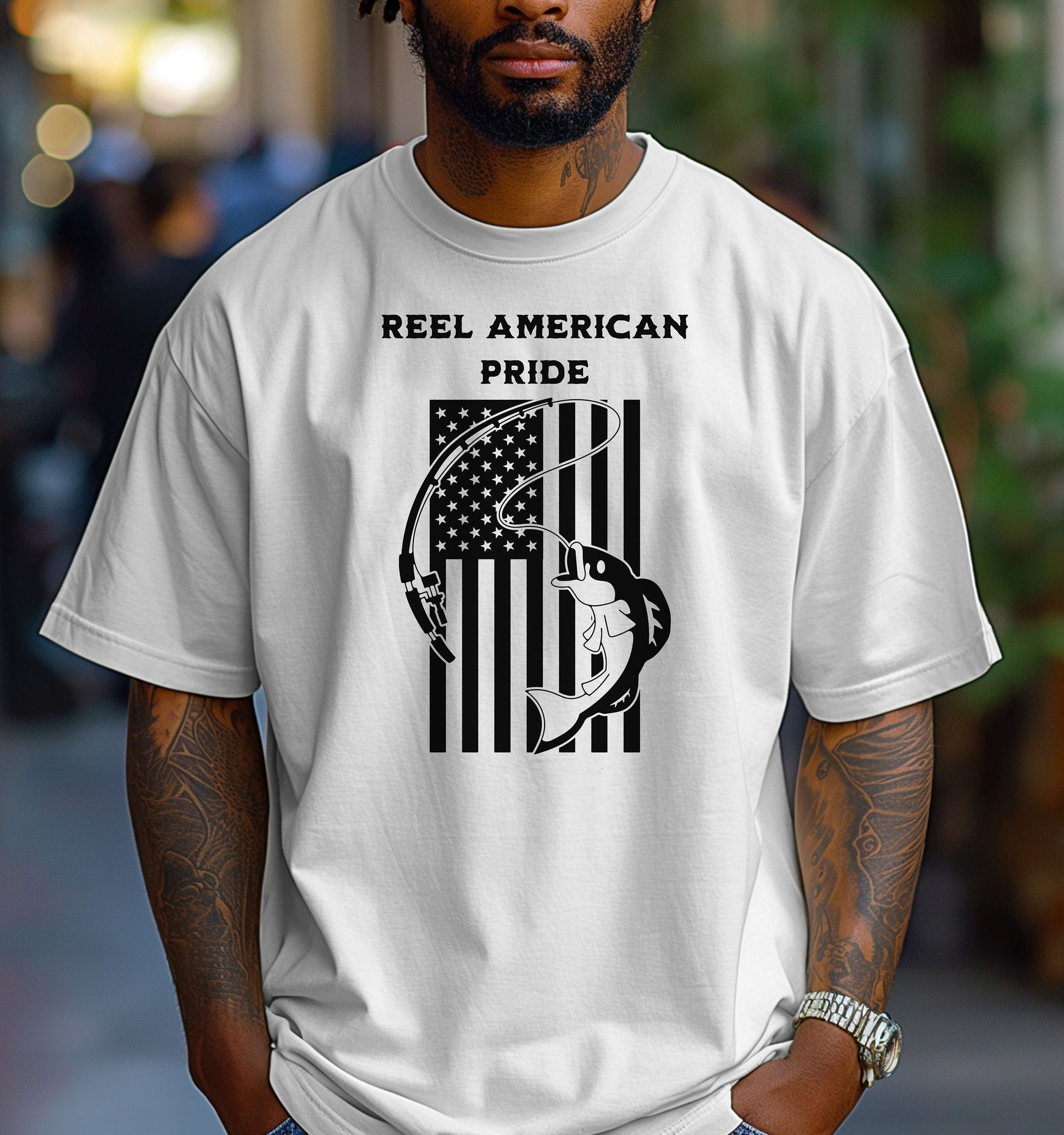 Reel American Pride T-shirt featuring a bold fishing-themed design with the phrase 'Reel American Pride' above an American flag graphic. A large fish is hooked on a fishing line overlaying the flag’s stripes. Printed on a classic white unisex tee, this patriotic fishing shirt is perfect for anglers who love both their country and the sport. Ideal for summer outings, fishing trips, or casual everyday wear.