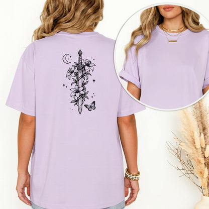 Moonlit Sword Renaissance Faire T-Shirt – Floral Medieval Fantasy Back Print Tee