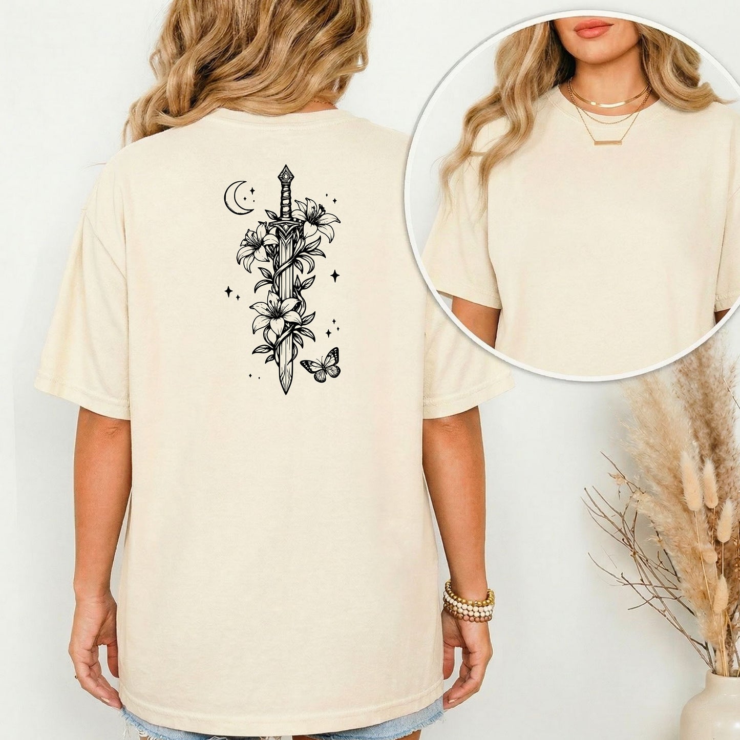 Moonlit Sword Renaissance Faire T-Shirt – Floral Medieval Fantasy Back Print Tee