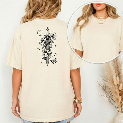 Moonlit Sword Renaissance Faire T-Shirt – Floral Medieval Fantasy Back Print Tee