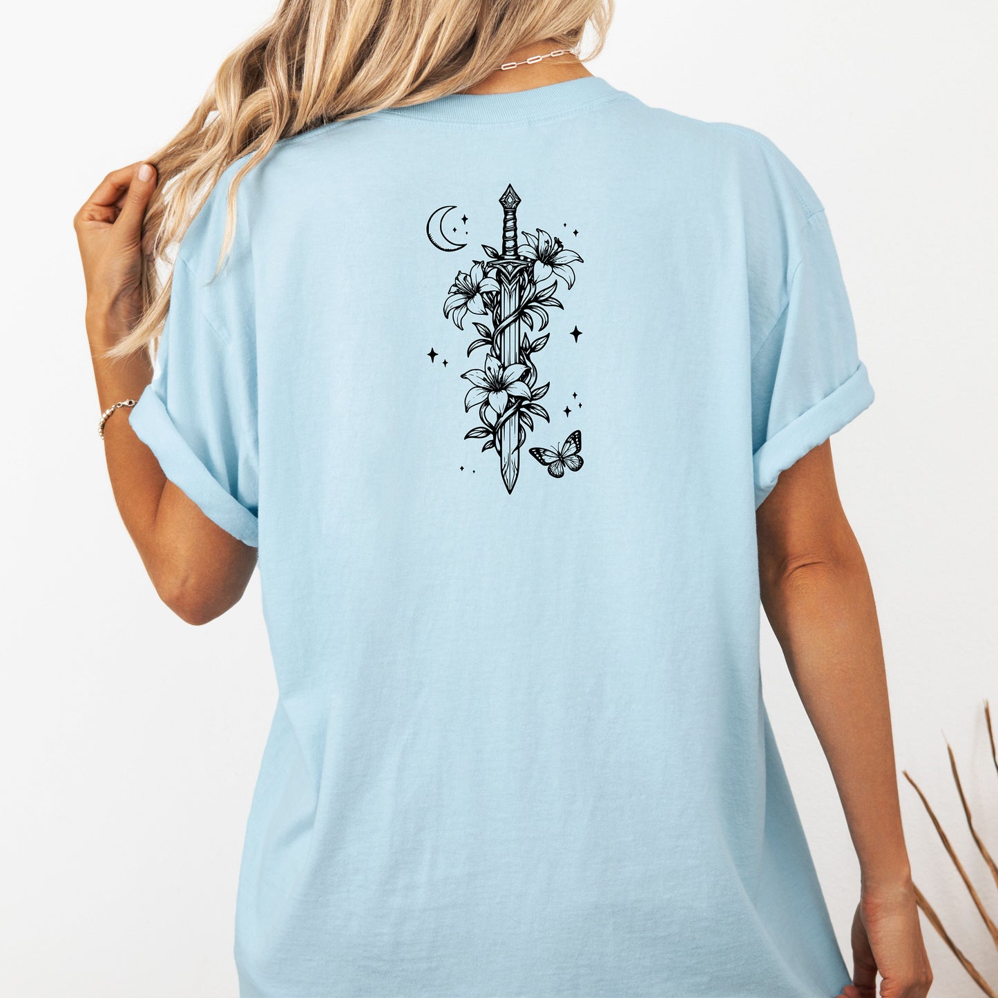 Moonlit Sword Renaissance Faire T-Shirt – Floral Medieval Fantasy Back Print Tee