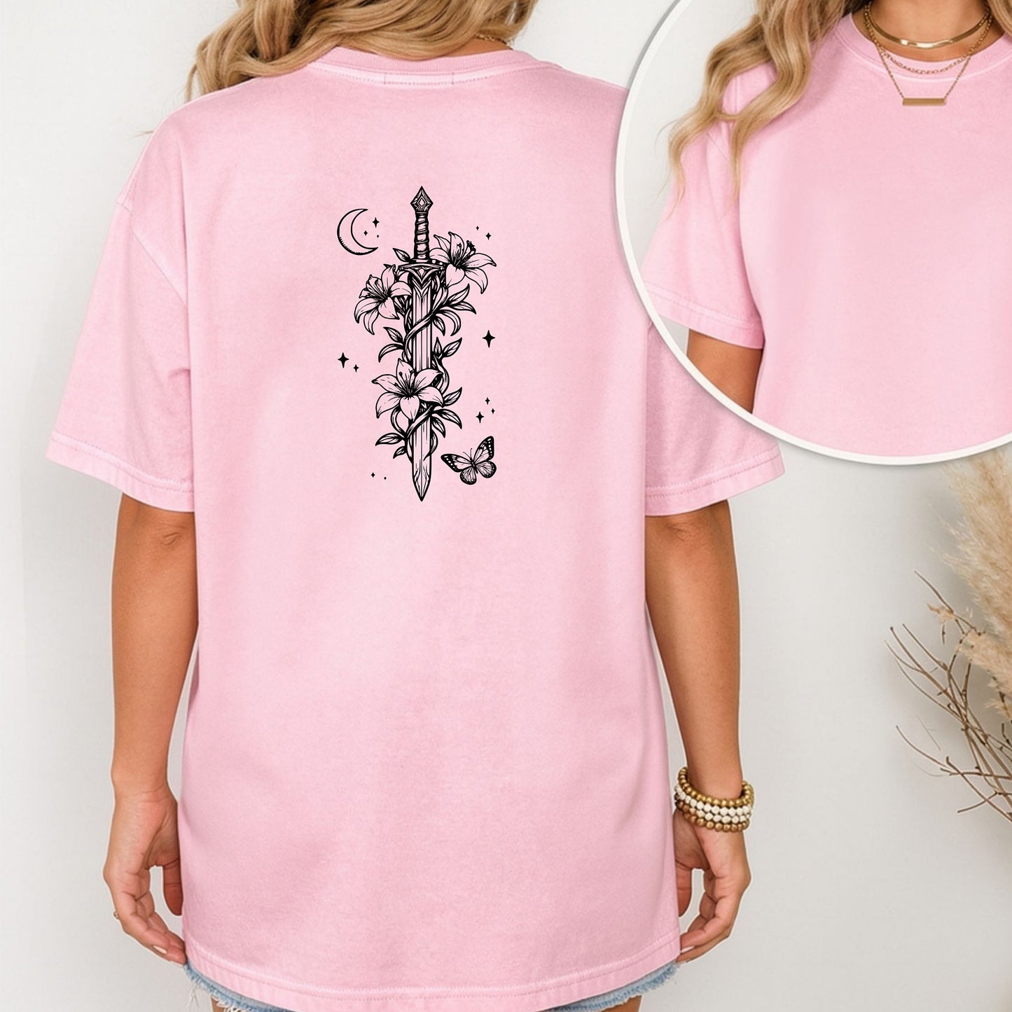 Moonlit Sword Renaissance Faire T-Shirt – Floral Medieval Fantasy Back Print Tee