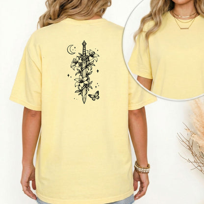 Moonlit Sword Renaissance Faire T-Shirt – Floral Medieval Fantasy Back Print Tee
