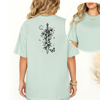 Moonlit Sword Renaissance Faire T-Shirt – Floral Medieval Fantasy Back Print Tee