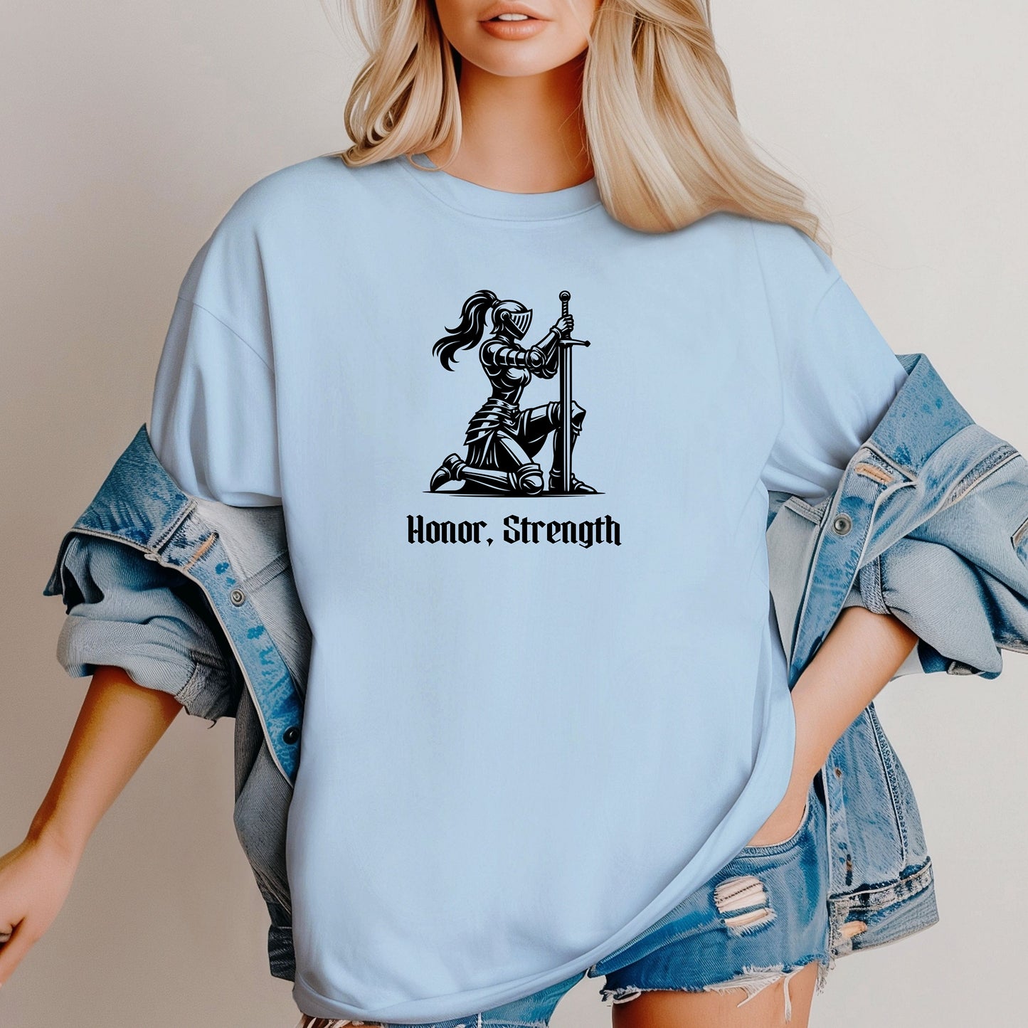 Honor & Strength Renaissance Faire T-Shirt, Female Knight Medieval Warrior Graphic Tee