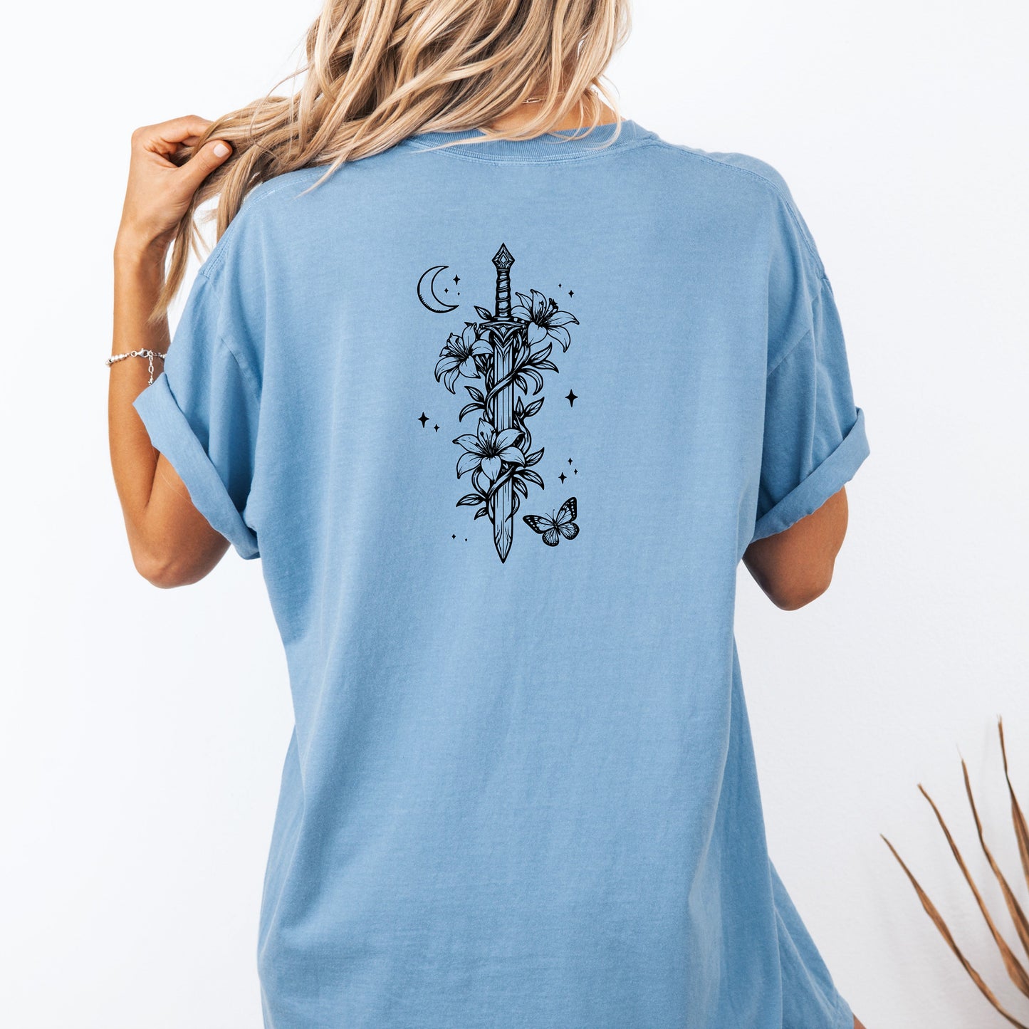 Moonlit Sword Renaissance Faire T-Shirt – Floral Medieval Fantasy Back Print Tee
