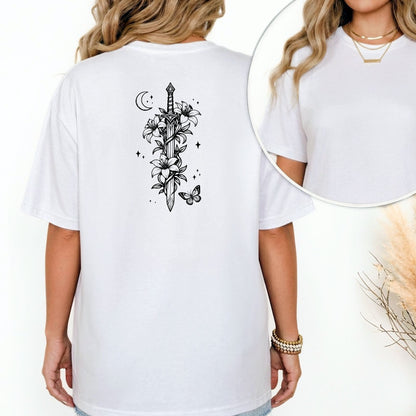 Moonlit Sword Renaissance Faire T-Shirt – Floral Medieval Fantasy Back Print Tee