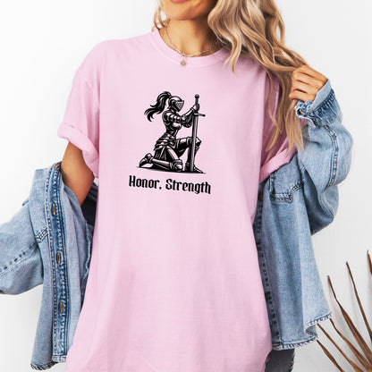 Honor & Strength Renaissance Faire T-Shirt, Female Knight Medieval Warrior Graphic Tee