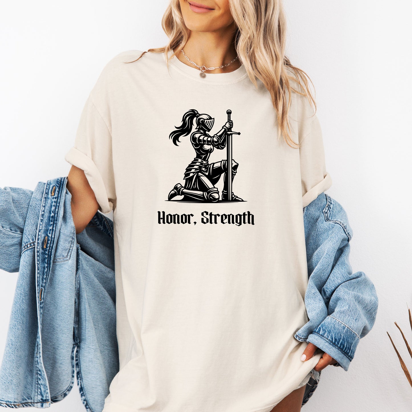 Honor & Strength Renaissance Faire T-Shirt, Female Knight Medieval Warrior Graphic Tee