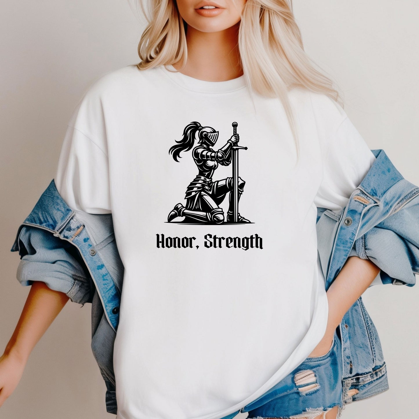 Honor & Strength Renaissance Faire T-Shirt, Female Knight Medieval Warrior Graphic Tee