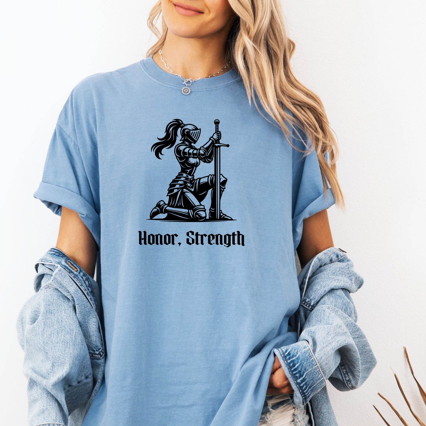 Honor & Strength Renaissance Faire T-Shirt, Female Knight Medieval Warrior Graphic Tee