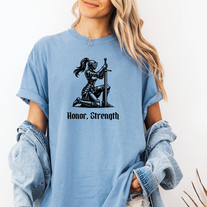 Honor & Strength Renaissance Faire T-Shirt, Female Knight Medieval Warrior Graphic Tee