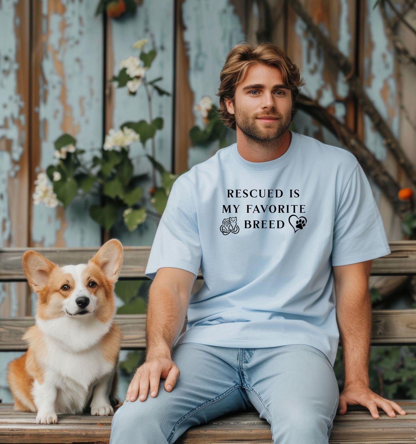 Rescued Is My Favorite Breed T-shirt featuring bold black text with small graphics of a cat, dog, and paw print heart. Printed on a baby blue unisex tee, this design is perfect for animal lovers and rescue advocates. Ideal for showcasing pride in adopting pets and supporting animal rescue efforts, whether worn casually or at adoption events.