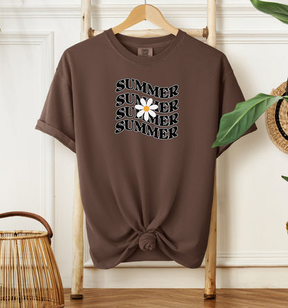 Espresso T-shirt featuring a retro wavy text design that repeats the word “SUMMER” four times in bold black vintage-style letters. A large white daisy with a yellow center overlaps the middle of the design, adding a cheerful floral touch. Perfect for sunny days, vacations, and casual outings, this shirt has a nostalgic, laid-back summer vibe.