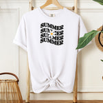 White T-shirt featuring a retro wavy text design that repeats the word “SUMMER” four times in bold black vintage-style letters. A large white daisy with a yellow center overlaps the middle of the design, adding a cheerful floral touch. Perfect for sunny days, vacations, and casual outings, this shirt has a nostalgic, laid-back summer vibe.