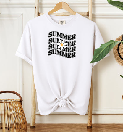 White T-shirt featuring a retro wavy text design that repeats the word “SUMMER” four times in bold black vintage-style letters. A large white daisy with a yellow center overlaps the middle of the design, adding a cheerful floral touch. Perfect for sunny days, vacations, and casual outings, this shirt has a nostalgic, laid-back summer vibe.