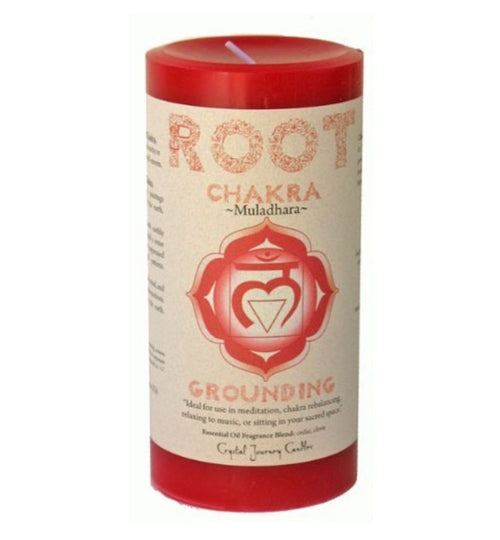 Red Root Chakra pillar candle labeled “Muladhara” with grounding symbol and affirmation. Designed for meditation, chakra balancing, and energy work. Features essential oil blend of cedar, and clove. Ideal for spiritual rituals and creating a calming, grounded atmosphere.