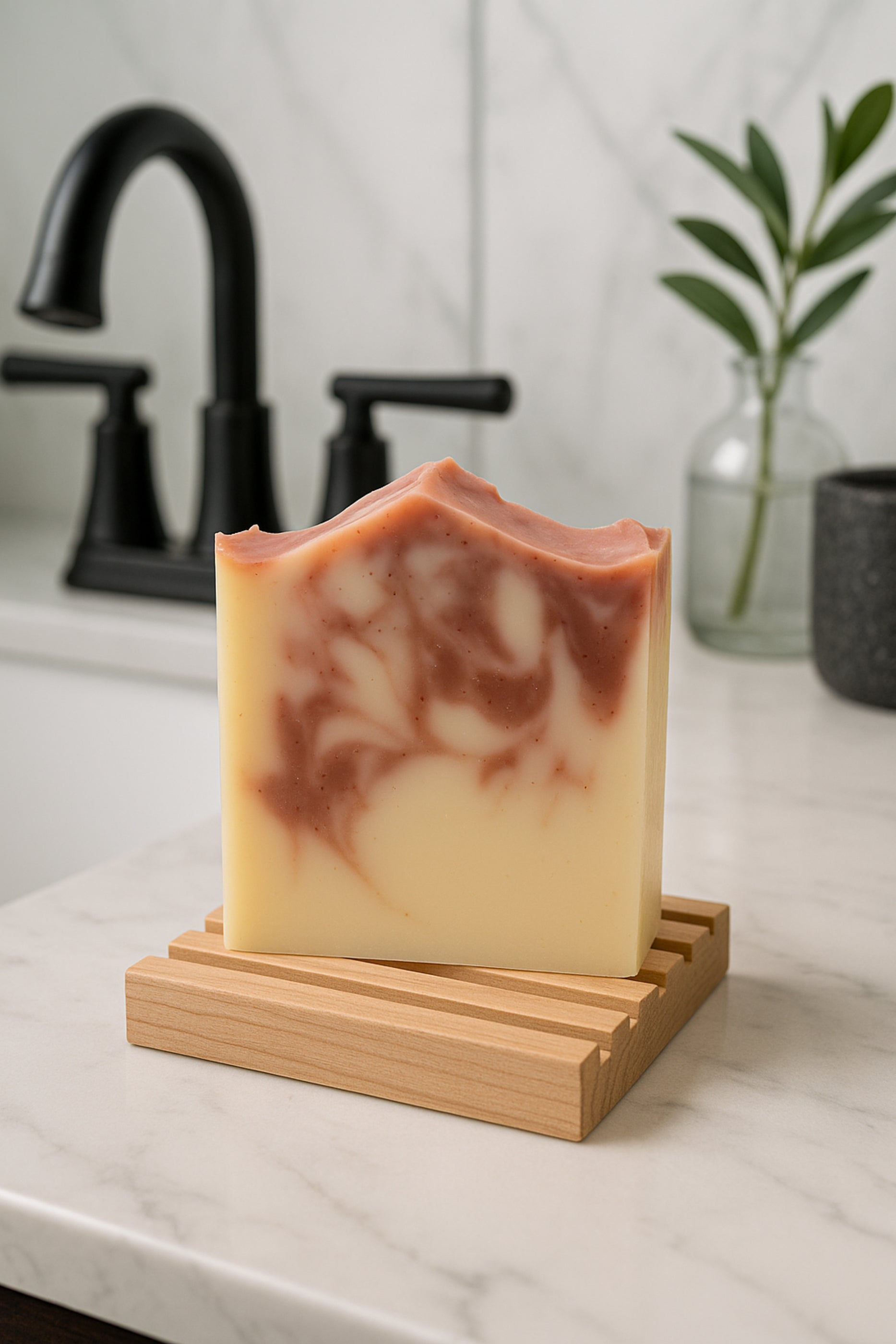 Rose Geranium & Pink Grapefruit Soap on counter