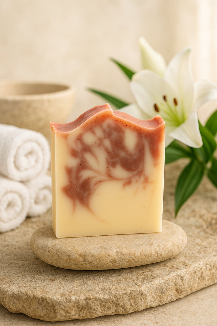 Rose Geranium & Pink Grapefruit Soap in a spa setting.