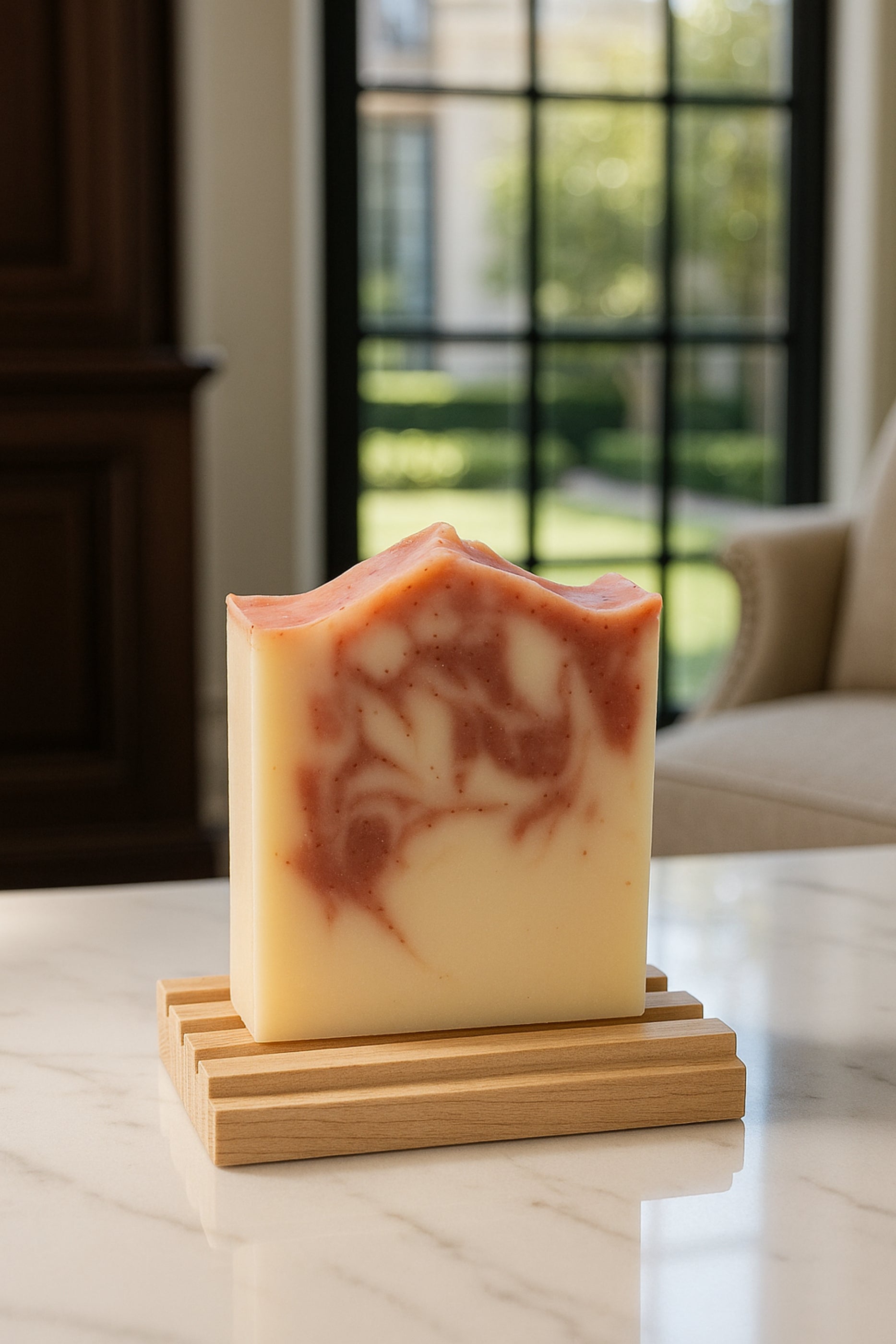 Rose Geranium & Pink Grapefruit Soap in front of window