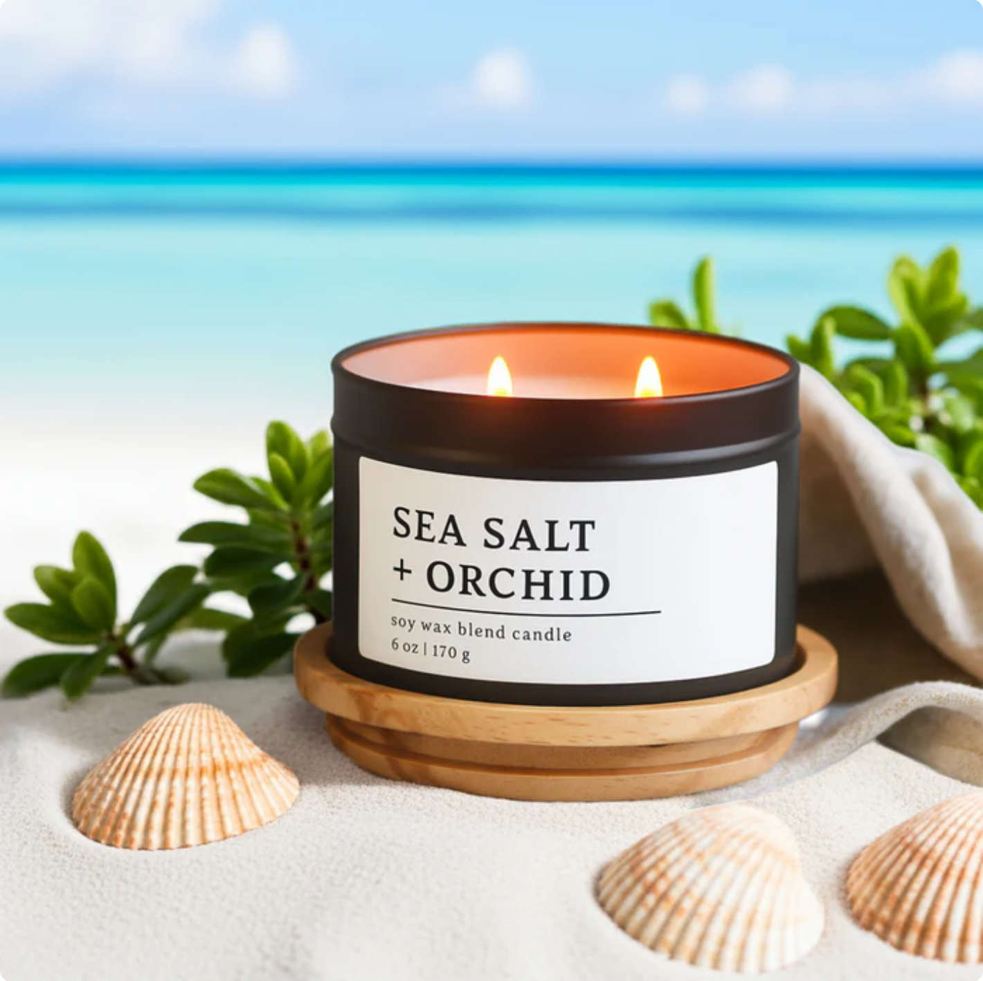 Sea Salt + Orchid Soy Wax Blend Candle, 6 oz, 2 Wick Tin (Copy)