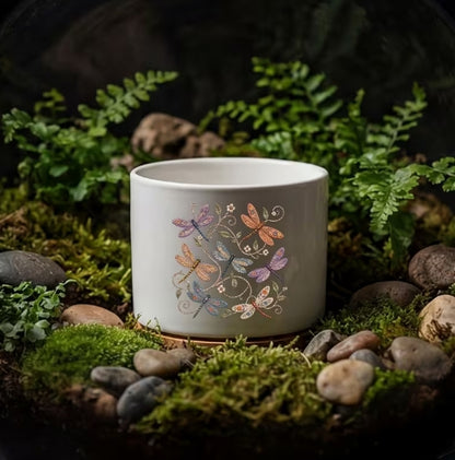 Whimsical Dragonfly Ceramic Flower Pot, Boho Botanical Planter