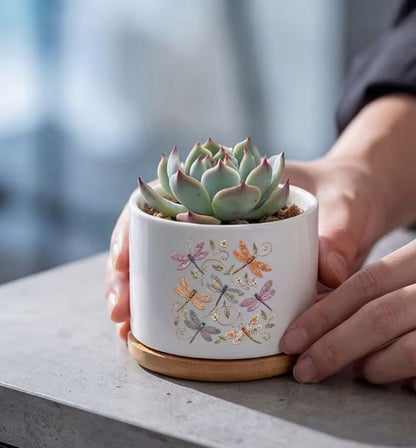 Whimsical Dragonfly Ceramic Flower Pot, Boho Botanical Planter