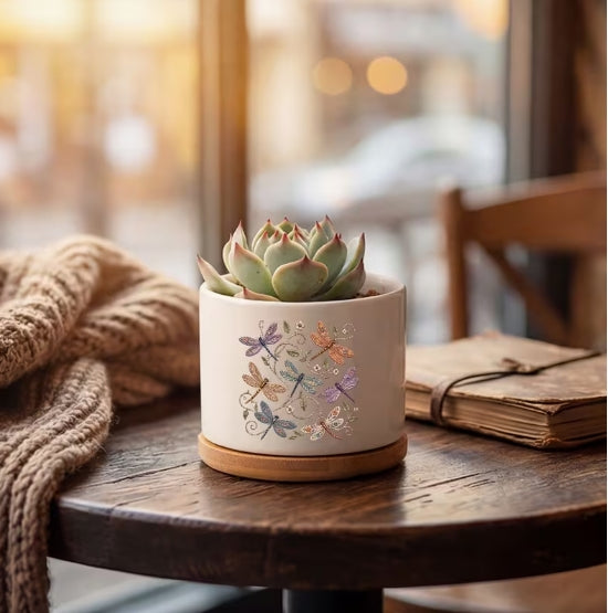 Whimsical Dragonfly Ceramic Flower Pot, Boho Botanical Planter