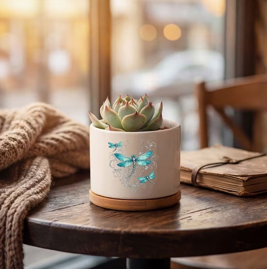 Turquoise Dragonfly Ceramic Flower Pot, Boho Succulent Planter