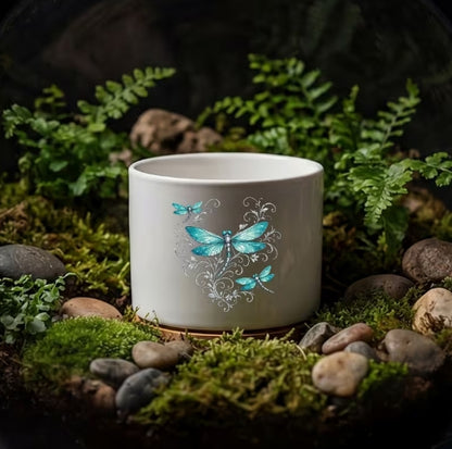 Turquoise Dragonfly Ceramic Flower Pot, Boho Succulent Planter