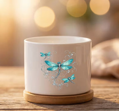 Turquoise Dragonfly Ceramic Flower Pot, Boho Succulent Planter