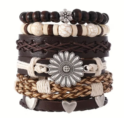 Wild & Free Boho Bracelet Set, Layered Leather & Beaded Bracelets